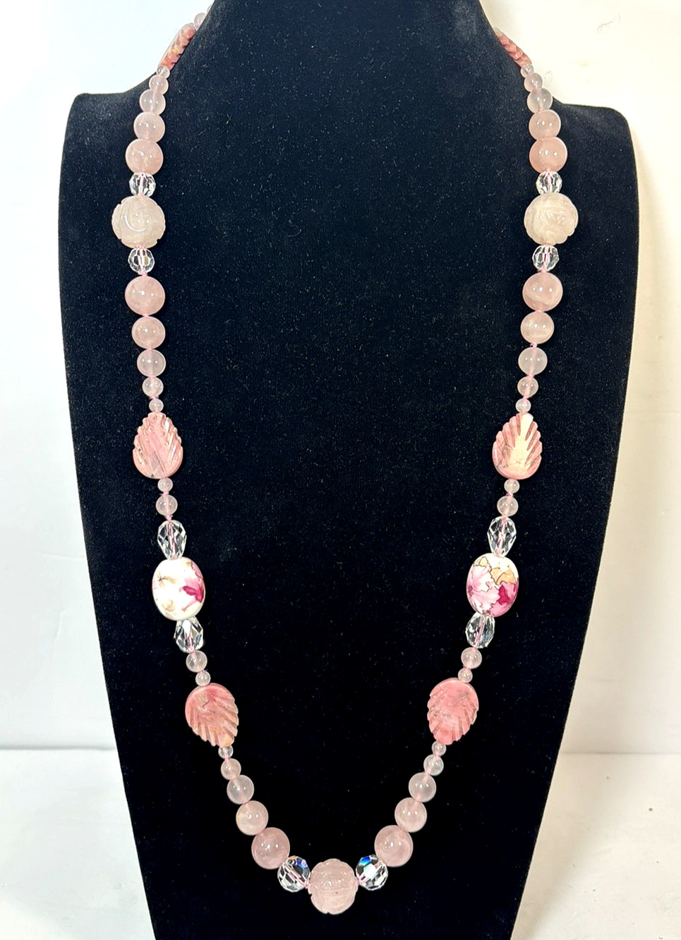 Vintage Rose Quartz & Rhodonite Carved Bead Necklace 27" - 14K White Gold Clasp